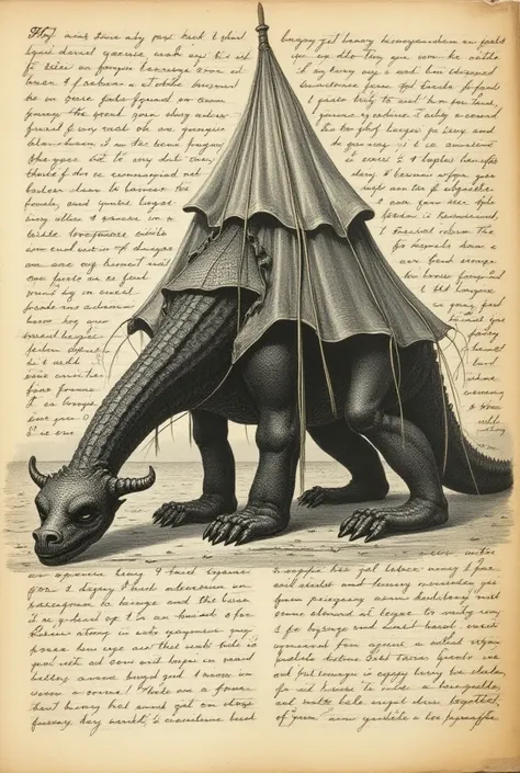 One page of a book with old sheets.  Exactly top view of picture format . Close-up in the center , even bigger picture :  a huge creature covered in scales ,  head with a long, thick neck close to the ground , high back on 4 legs ,  on its back is lined wi...