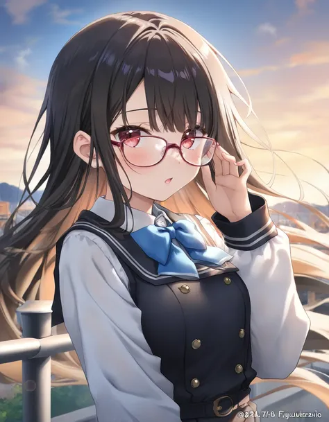 1girl, little female, school uniform, beautiful breasts, glasses, hanme, open mouth, sleepily, outdoors,wind, game CG break,((artist:shida_kazuhiro)),(artist:mitsumi_misato),(artist:fujiyama),,(masterpiece), (best quality), (ultra-detailed), very aesthetic...