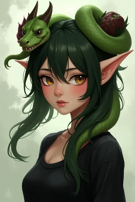 anime girl with horns and a black shirt with a green snake on her head, a character portrait inspired by rossdraws, pixiv, furry art, goblin female portrait, goblin girl dnd character, krenz cushart and artgerm, made with anime painter studio, artgerm lau,...