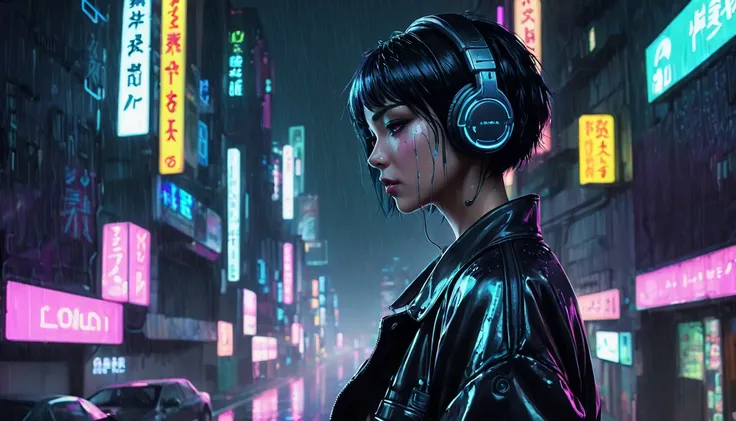 Black short Hair, night, black jacket, One Woman, Headphones、Cyberpunk City、neon、Detailed cityscape、rain