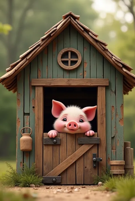 Recycled wooden house with a piggy inside