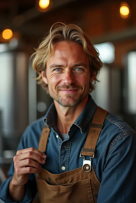 An American man, 38 years old. attractive, Blonde hair, medium hair style , patting on the shoulders . blue eyes, thin,  tanned skin as if he had spent years working without protection in the sun.  He is a brewery attendant . 