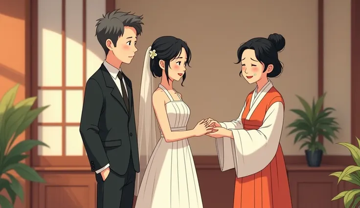  A husband with a black suit and slightly gray hair (25 years old) The bride wears a long cotton sandal in a gorgeous white dress, .  in the bridal waiting room of a modern Korean wedding ,  has sincere feelings on the faces of all the brides . Maya(50 yea...