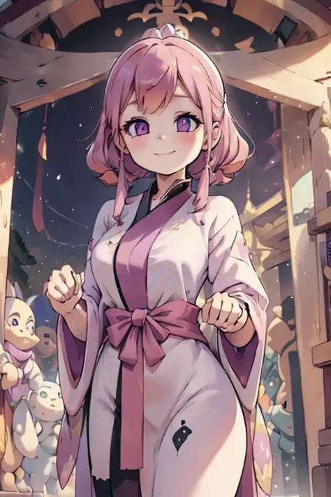 Perfect face. Perfect hands. A pink haired woman with violet eyes with an hourglass figure in a Gothic Kimono is smiling in a shrine