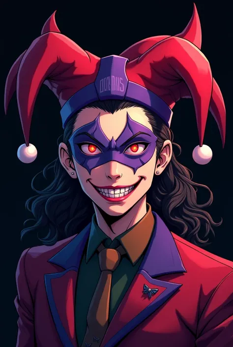 Créer moi un logo pour discord. Fond noir, grand sourire jester, grosse canine, chapeau jester couleur rouge et violer, yeux rouge style mangas,  tatouage écrit  Martinis sur son front
(Tatouage ecrit MartiniS sur son front, (cheveux long), on voit que son...