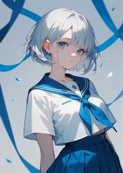  silver hair short bob white shirt blue ribbon school uniform　 Waiting for my boyfriends reply 