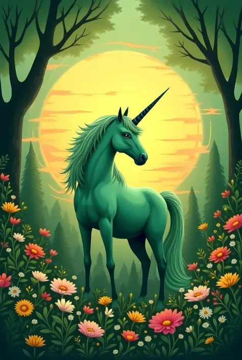 draw a unicorn in green tones in a circle frame against the background of the sunset forest of flowers with the inscription "FOR ECO"