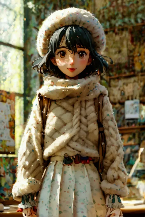 A Ghibli-style character, a 30-year-old Japanese woman with a lively yet very cute face. She is wearing a beige oversized sweater with sleeves that cover her hands, a long white skirt, and short black boots. Her eyes are brown, and she has black straight h...