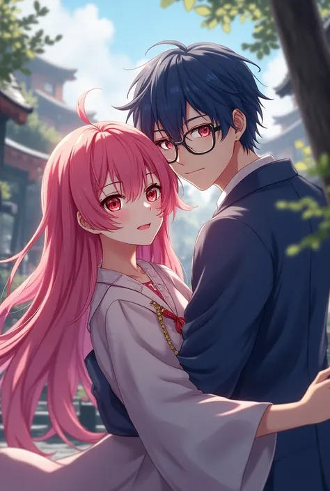 Anime girl with pink hair and red eyes and Long hair and Anime guy with blue hair and glasses