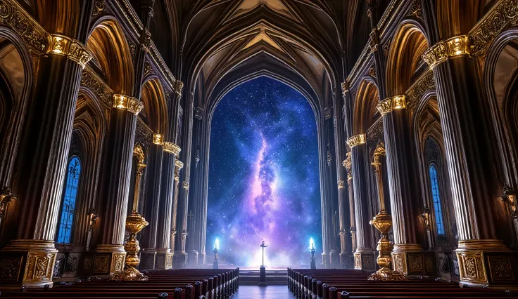 Gothic-Mechanical Religious Architecture with Interstellar View: At the heart of the room, an immense arched window opens to the cosmos, the Solar system view, revealing distant galaxies, stars, and planets that cast an ethereal glow over the hall. Inside ...
