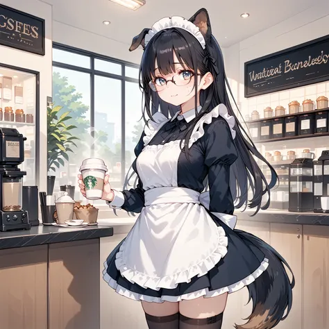 Black Hair, long hair,Glasses,Dog ears,Dog tail,Beastman, maid clothes, waitresses,Coffee shop,Spilling coffee,Get dirty