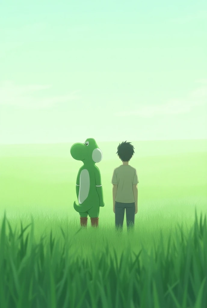 Scene: Yoshi and Junkyu are standing together in a lush green field, facing forward with relaxed, thoughtful expressions, as if they’re taking in the beauty of the surroundings. The peaceful green landscape and open sky fill the background, giving a sense ...