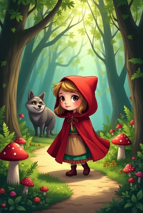 
The medieval Little Red Riding Hood walking in the woods with the wolf cartoon style