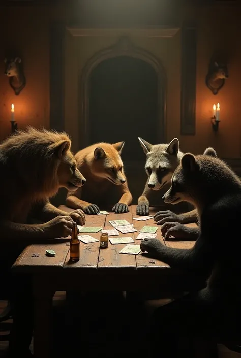 Create a scene with several different animals playing cards, but with a more aggressive and undetermined content 