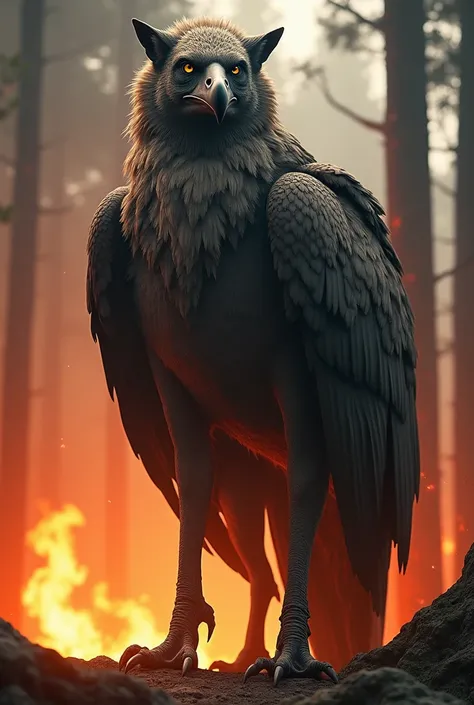 "Create a hybrid image of a fusion of a wolf and a vulture in their natural habitats, giant and robust humanoid body, upper part of a vulture with feathers, while the lower part of a wolf with long tail, in the background with a forest in flames"