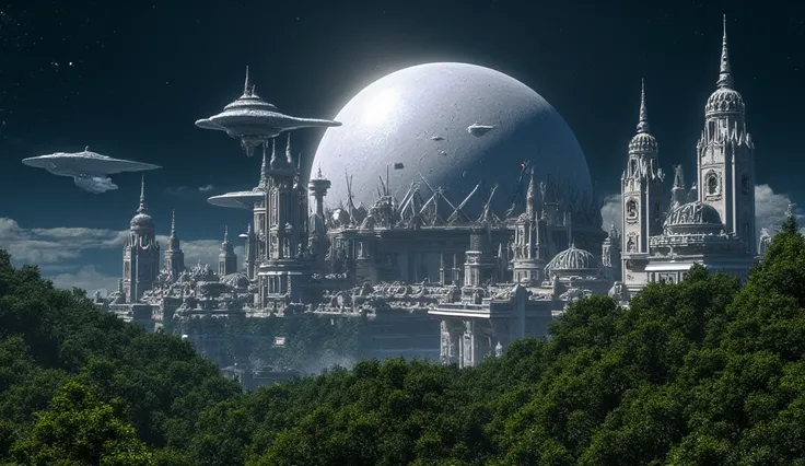 "Ultra-realistic sci-fi cinematic scene showcasing Earths Moon transformed into a verdant fortress satellite. The moon’s surface is fortified with sleek metallic domes, robust support pylons, and sprawling networks of reinforced bunkers blending seamlessly...