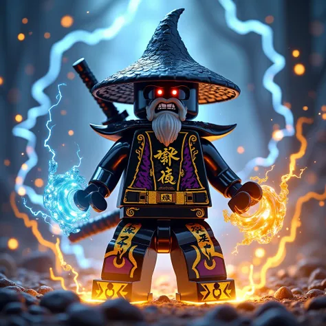   Create for me a LEGO ninja go , Go in LEGO ,  the first master of the spijisufuturist of ultimate power ,  a ninja with a straw hat pointed in black on his head with a gold and deep black oni mask on his head and a white beard around his mouth with sharp...