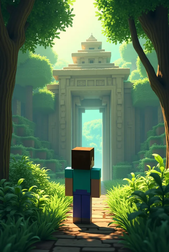   Minecraft Theme , Minecraft,Lush trees々,Avatar standing in front of a ,Dazzling sunlight filtering through the trees,Mysterious glow, gate with a jungle temple,Steve