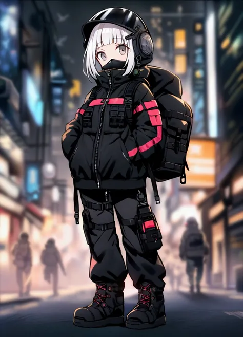 full body,1girl, helmet, hood, solo, spacesuit, short_hair, bangs, jacket, white_hair, bag, coat, grey_eyes, mask, blurry_background, backpack, zipper, covered_mouth, urban techwear, outfit