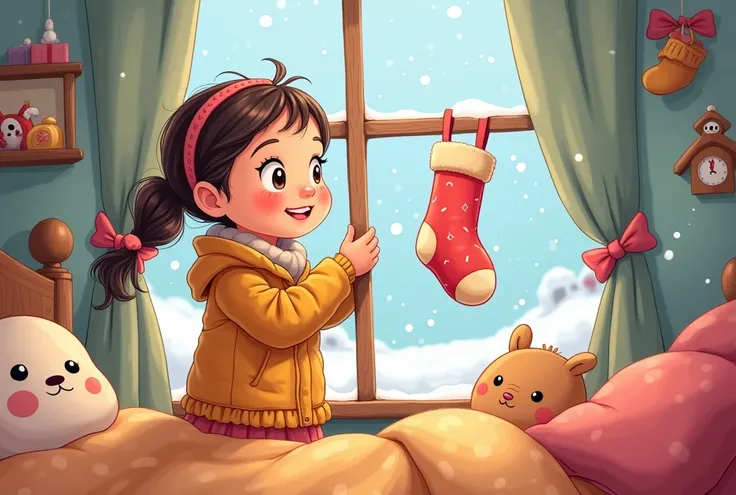 Easy cartoon of a girl in her room hanging a sock on her window watching the snow fall 