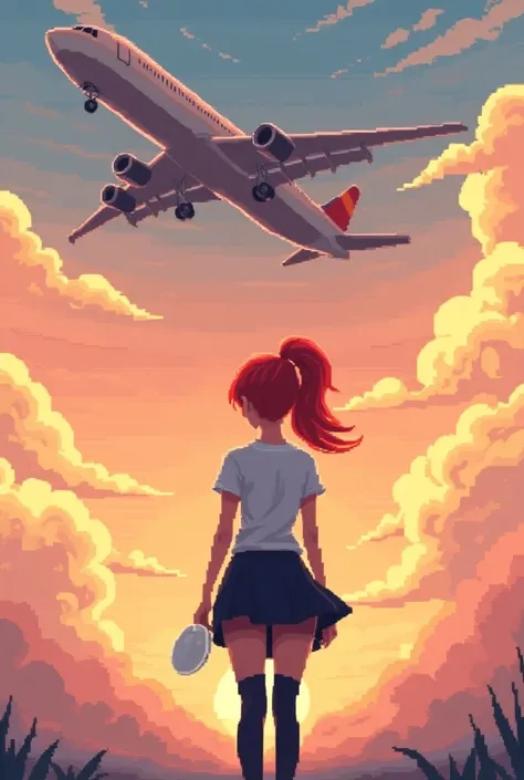 YouTube channel banner,theme pixelated sunset sky with clouds,and a Big plane on the sky, and a girl with ginger high hair tail,black skirt, white t shirt, with  high stockings, with a white frisbee on her hand.angle is the character in middle photo taken ...