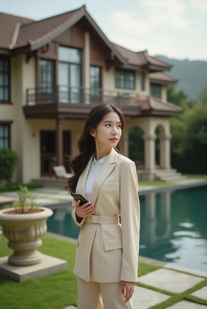 Photo of beautiful young asian girl in neat dress decently elegant is playing next to a luxury house while holding a phone 