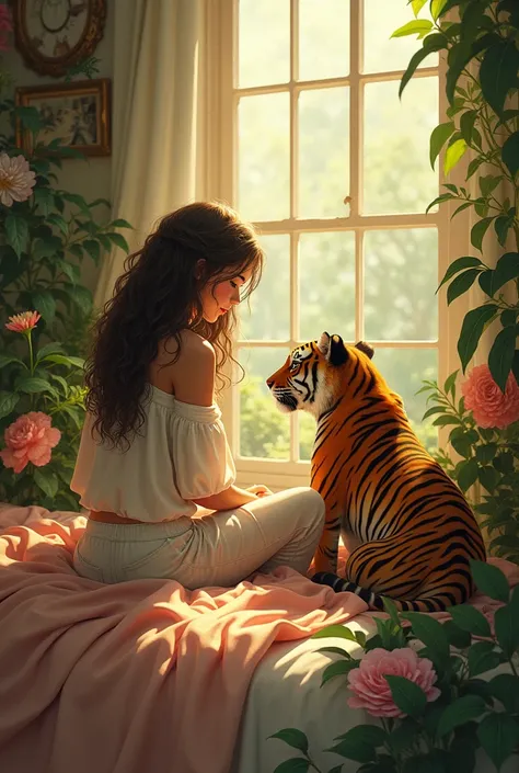 (photorealism:1.2), beautiful background of the flowers and fox, sitting on bed, wearing loose off-shoulder top, pajama pants, long curly hair, the tiger in the indoors, soft lighting, plants in background, window with sunlight, cozy room, relaxed pose, re...