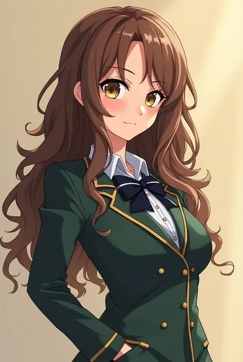  A girl in the anime style of Boku at Hero Academia.  Her hair is brown and wavy , Going up to her heels . The eyes are sharp, amber in color.  His face has a serious expression .  She has a healthy body and fair skin ,  in addition to a slightly large bus...