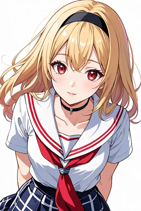 Modern anime style painting, red eyes with bright highlights, expression changes from skeptical to interested, leaning back slightly, close-up. There is one 2D anime style female character. She is a high school student, with long blonde hair with slight wa...