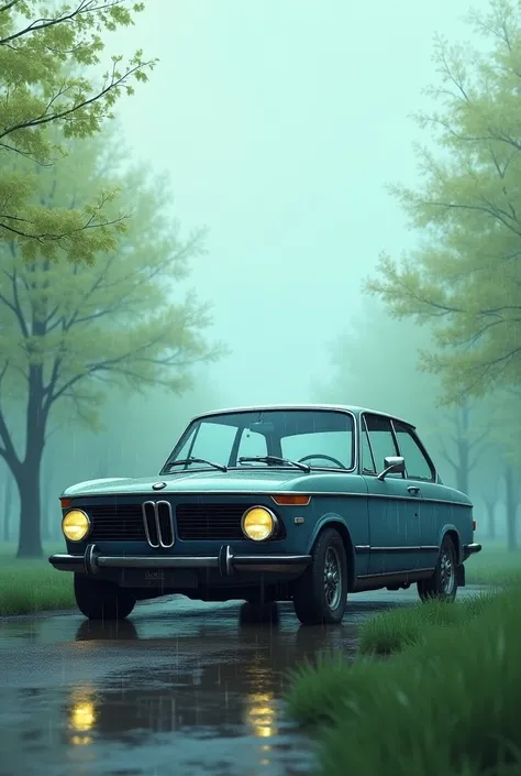 (Best quality,masterpiece), Art(Illustration), Season(Spring), no humans,cool colors in a  run old car  bmw realistic 8k in a rain and cloud colour pink