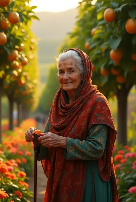 Grandmother picking fruits in her garden an elderly lady with a scarf on her head and a cane a North African grandmother.