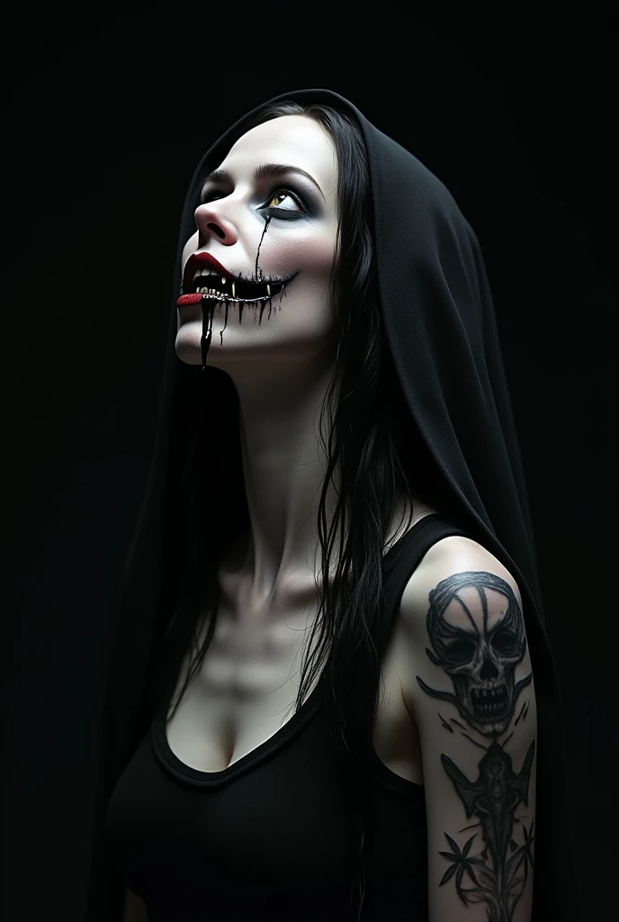 Create a dark, horror-themed image of a nun with long, tangled black hair cascading over her shoulders, dressed in a traditional, tattered nuns habit that gives her a sinister, corrupted appearance. She stares upwards with white, lifeless eyes, conveying a...