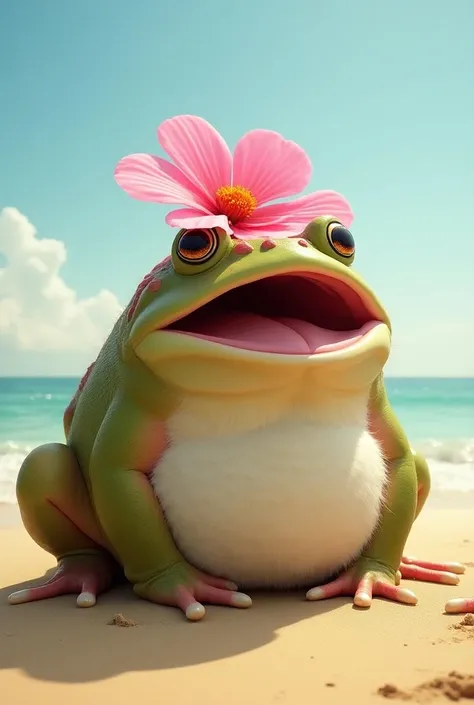 Giant fat fluffy frog with pink flower on its open-mouthed head on the beach