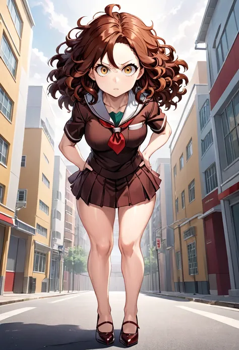  A girl in the anime style of Boku at Hero Academia.  Her hair is brown and wavy , Going up to her heels . The eyes are sharp, amber in color.  His face has a serious expression .  She has a healthy body and fair skin ,  in addition to a slightly large bus...