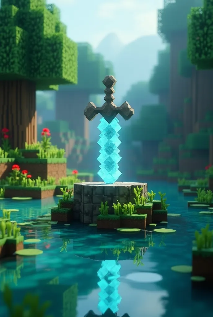   Minecraft Theme , Minecraft,Lush trees々,Pedestal on the lake , There is a diamond sword stuck in the pedestal, illuminated by dazzling sunlight filtering through the trees ,Mysterious glow, Avatar pulling out the sword ,Steve