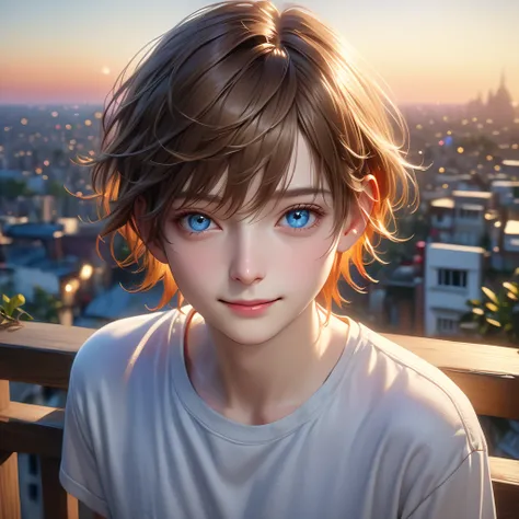 beautiful young boy with short brown hair, blue eyes, looking at viewer, sunset, from balcony, slight smile, detailed portrait in anime, white shirt, jeans, white shoes, (best quality,4k,8k,highres,masterpiece:1.2),ultra-detailed,(realistic,photorealistic,...