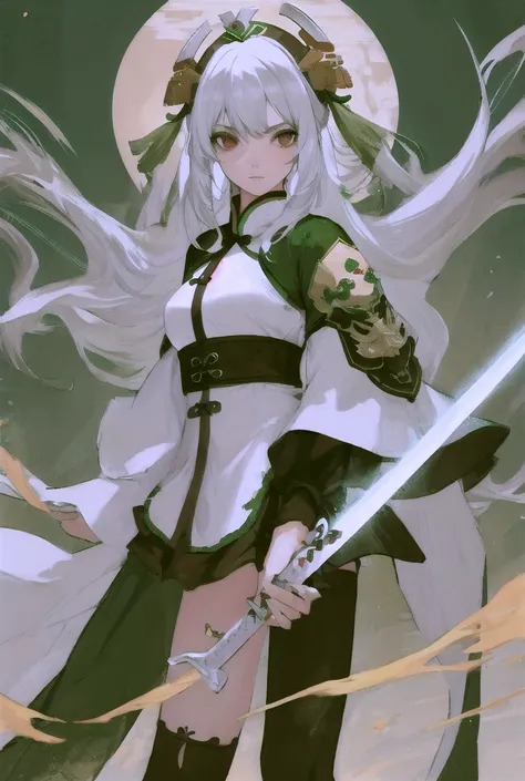  1 girl, solo,  high resolution on down, Liu Bei風の衣装,Liu Bei,Dual Swords, pure white hair, cosplay,Three Kingdoms,