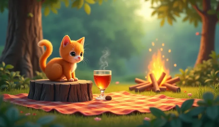 It sits on a tree stump 、 looks at the glass of tea placed next to it with interest 、 and the fluffy orange kitten 。 with a bonfire burning in the background 、Green tree々 and colorful picnic blankets spread out in a nature-rich environment with {x} and col...