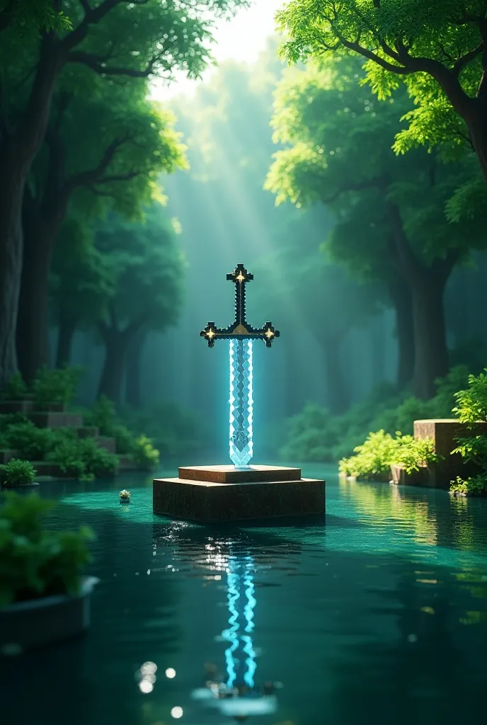   Minecraft Theme , Minecraft,In the forest,Lush trees々,Pedestal on the lake , There is a diamond sword stuck in the pedestal, illuminated by dazzling sunlight filtering through the trees ,Mysterious glow