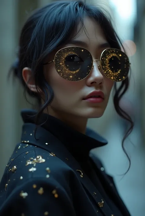 The model is wearing sunglasses with stars and the moon on the glass.