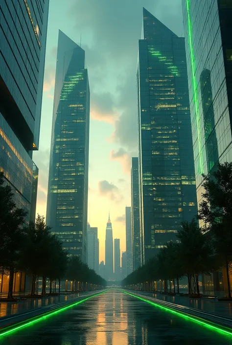 Buildings dusk green neon lights realistic modern mirrored buildings 