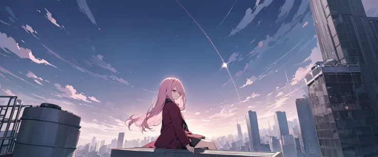 a girl with long straight light pink hair sitting on the rooftop of a skyscraper, wearing a burgundy overcoat, rose-colored eyes looking towards the horizon under a cloudy sky