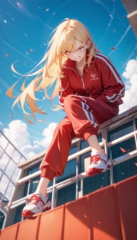 (masterpiece, best quality),nsfw, 1girl, blonde hair, medium long hair, slant eyes,angry,red tracksuit,school,rooftop,