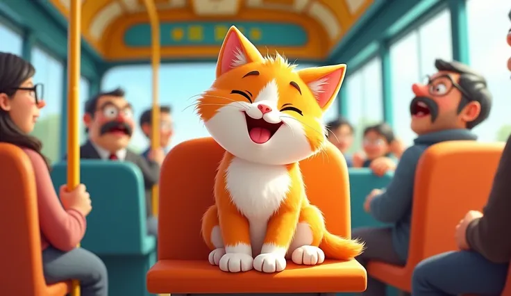 The kitty on the bus goes meow, meow, meow,  
Meow, meow, meow, meow, meow, meow,  
The kitty on the bus goes meow, meow, meow,  
Purring all the way!(Cartoon)