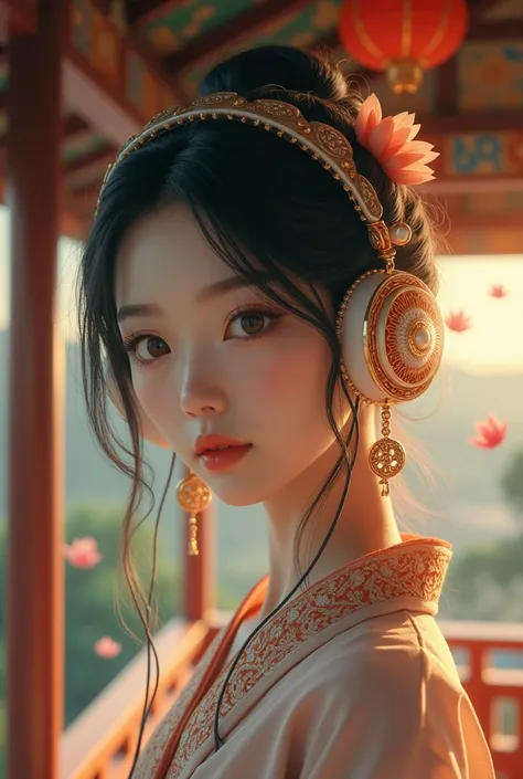 Best Quality, masterpiece,   Ultra High Definition , (Realistic: 1.4), Xiuxian, smile, shy, belly button,  listening to music with headphones ,  Beautiful Jewelry, Horse face dress, Detailed aspect,,  1 girl, White clothes, Lotus flower pattern, Maple Leaf...