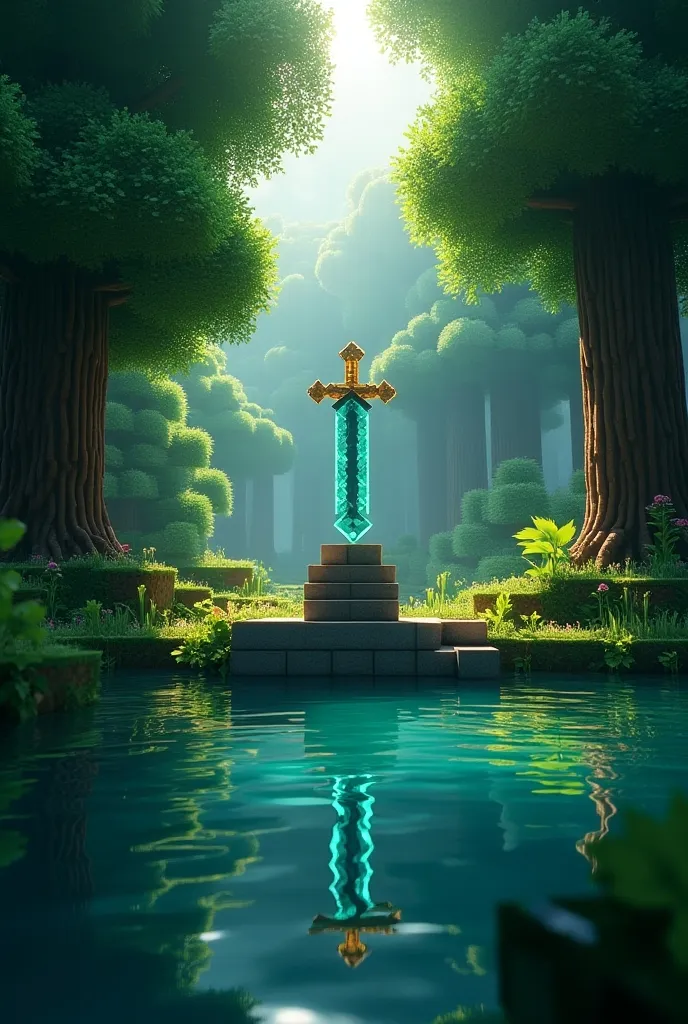   Minecraft Theme , Minecraft,In the forest,Lush trees々,Pedestal on the lake , There is a diamond sword stuck in the pedestal, illuminated by dazzling sunlight filtering through the trees ,Mysterious glow