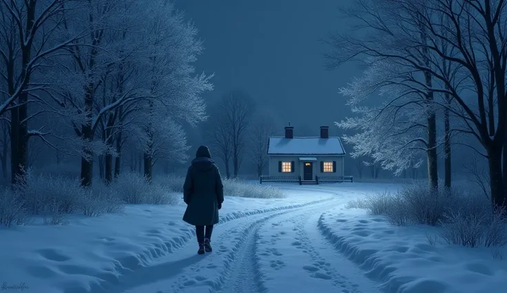 Cold Winter Night: A cold, moonless winter night with frost-covered trees and a lonely path leading to the house