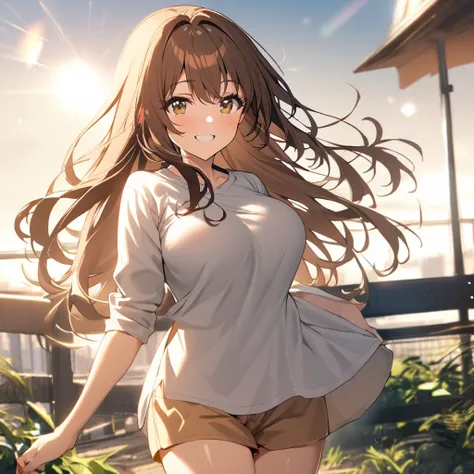  1 girl, solo, Brown Hair, Long Hair, smile, shirts
large breasts,  cowboy shot , Flare