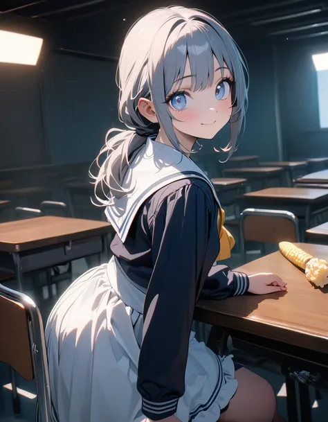 (8K, best quality, master piece: 1.2),super high resolution,best quality1 girl,16yo,solo,ultra-detailed face,detailed eyes,Dark blue eues,low ponytail,blachak hair,mascara,holdinga a grill corn,smile,long sleeve sailor suit,white maid apron,table with tabl...