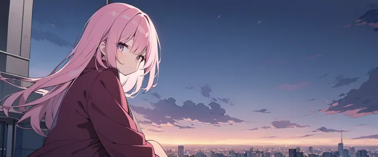 a girl with long straight light pink hair sitting on the rooftop of a skyscraper, wearing a burgundy overcoat, rose-colored eyes looking towards the horizon under a cloudy sky, twilight